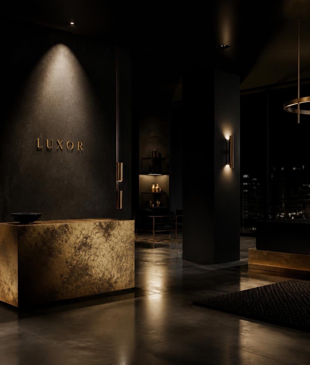 Dark luxury architectural interior with warm brass fixtures
